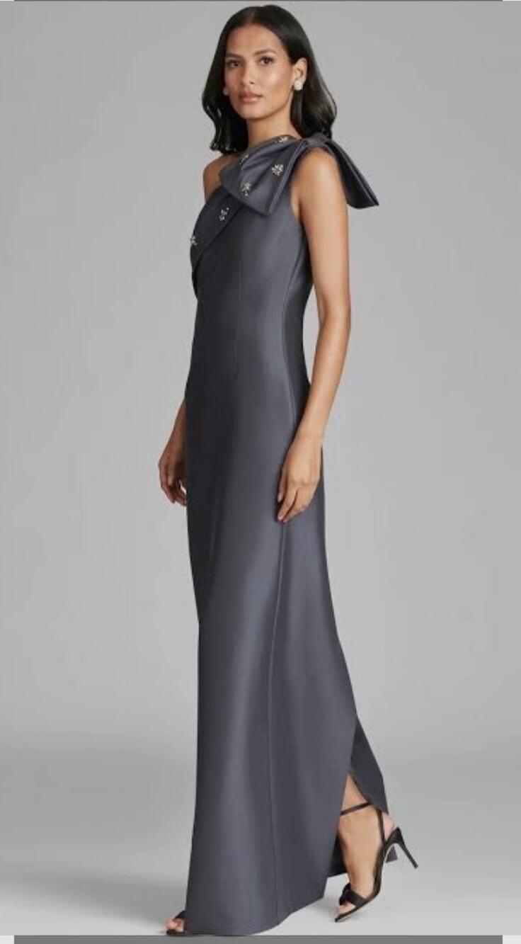 NEW $995 Sachin & Babi Olivia One Shoulder Gown Charcoal Gray Mikado Crystal 6